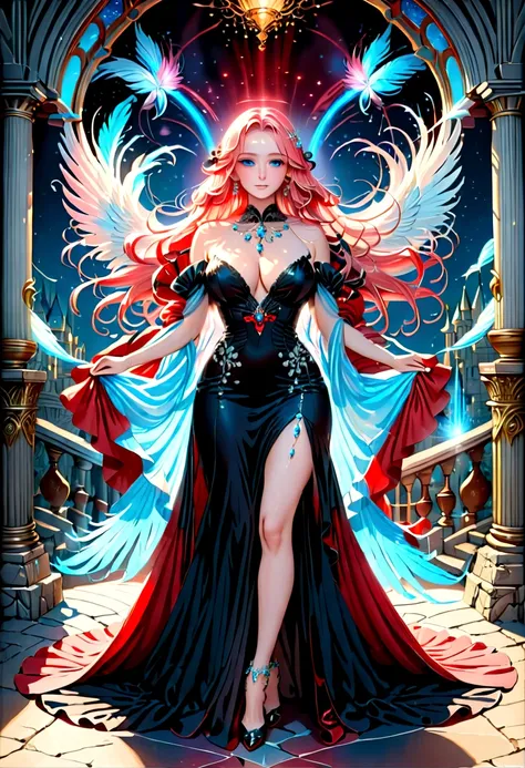 Arafed, a picture of a female angel in high society prom event, divine beautiful female angel, pink hair, long hair, flowing hair, the hair glows in a soft light, cerulean eyes, deep light eyes, divine beautiful face, (spread white feather wings: 1.1), she...