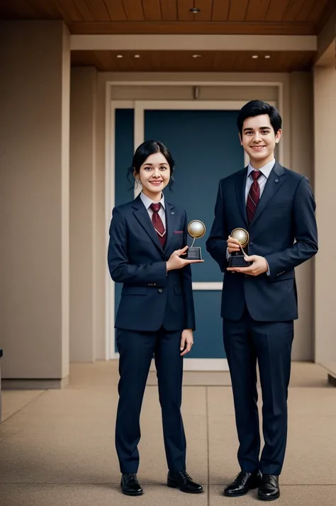 pixar style of two person standing in fron of camera boy and girl, boy is a little taller than girl they holding award and both have black hair and wearing dark blue uniform with maroon necktie, girl with medium hair and they are both smiling a little 