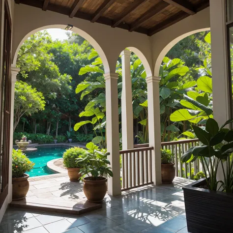 photograph, exterior, Villa tropicale, yin-yang roof tiles, yellow olive effect painted wall, centre lotus pond, wooden doorways, open veranda, serene atmosphere, colonial influences, lush potted plants, natural split stone gray floor, tropical plantings, ...