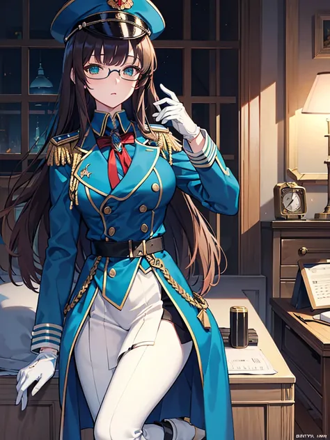 masterpiece, best quality, beautiful girl, brown hair whit white inner color, emerald green eyes, blue military uniform, mature_female, eye_glasses, white gloves, anime, blue military hat, very_long_hair, perfect body, red ribbon, commander, science_fictio...