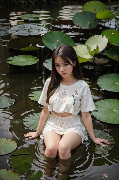 There is a girl sitting on a leaf, (white clothes), fresh color scheme, there is a plush toy, Guvez style artwork, popular on cgstation, illustrated by Li Song, soft anime, lying on a water lily mat, sitting on a lotus flower, cute and meticulous digital a...