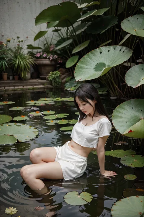 There is a girl sitting on a leaf, (white clothes), fresh color scheme, there is a plush toy, Guvez style artwork, popular on cgstation, illustrated by Li Song, soft anime, lying on a water lily mat, sitting on a lotus flower, cute and meticulous digital a...