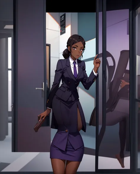 Black anime business woman in a purple skirt suit 