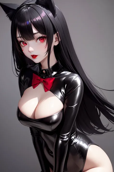 1 girl、Detailed facial details，Cat ear，Black long hair,red lips，Slim，Large Breasts，Wearing black latex tights maid outfit，Silk clothing，With red bow tie，Charming red eyes,，handcuffs，collar，Radiant Skin，Bright restaurant