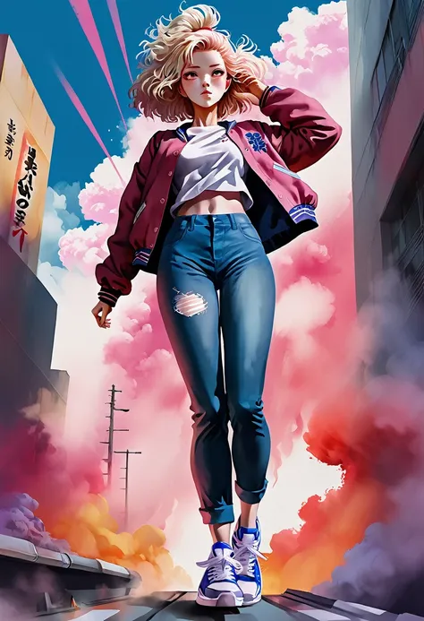 Fantasy digital watercolor painting, Photoshop Watercolor Brushes, One girl, Beauty, sneakers, whole body, High School Uniform:2, Jujutsu Kaisen, Your Name, NewJeans, Korean Girls, Retro Wave,Ahoge, Dramatic lighting from below, Bomb Hair