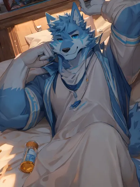 （masterpiece），（best quality），（Ultra-clear picture quality），In a cozy little house，Muscular body, Blue and white fur, Lying in bed, windowsill background,head tilted to one side, sunny, Delicate blue pupils，Wearing grey house clothes, Wolf furry character，T...