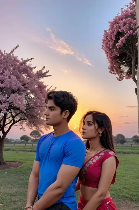 A girl and boy romancing under the pink tree under violet colour sky with red sun and boy wearing blue shirt and girl wearing red saree 