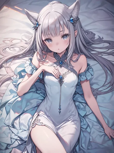 (View from above),(Fairy Girl 1,Fairy ears,Pale skin),(Gray Hair, White eyes),(blue princess dress),(She is lying on the bed),whole body,Fine grain, Detailed face and body