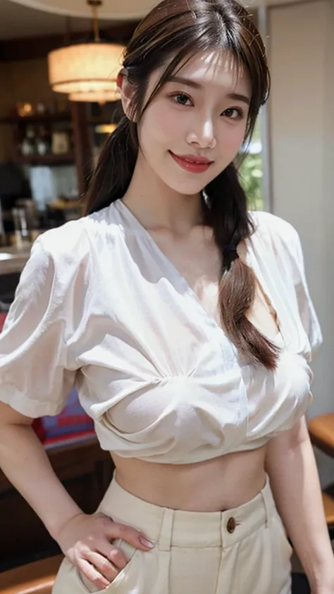 1 pretty girl，white skinned，brown hair，shorter pants，looking at viewert，pony tails，Cafe，Brown eyes，Realistis，Curvaceous pose，Bigchest，huge smile，low chest