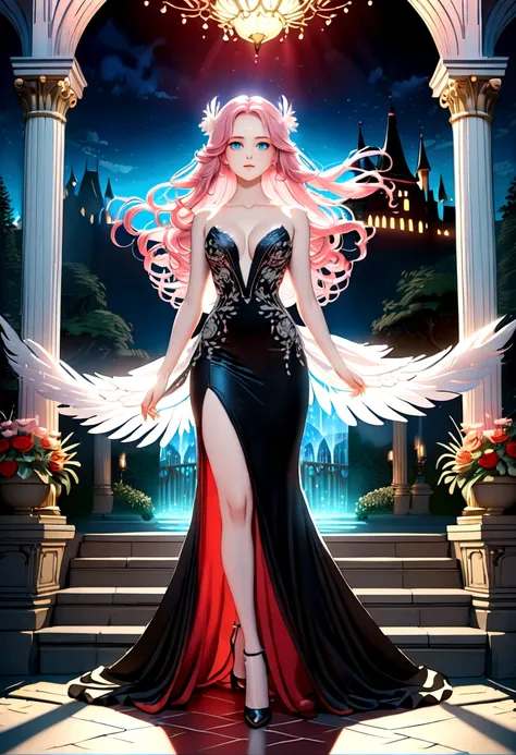 Arafed, a picture of a female angel in high society prom event, divine beautiful female angel, pink hair, long hair, flowing hair, the hair glows in a soft light, cerulean eyes, deep light eyes, divine beautiful face, (spread white feather wings: 1.1), she...