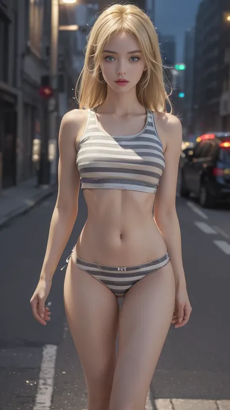 ((Realistic lighting, Best quality, 8K, Masterpiece: 1.3)), Clear focus: 1.2, 1 girl, Perfect Figure: 1.4, Slim Abs: 1.1, See through, tight clothing, ((Blonde hair)), (panties: 1.4), (Striped crop top: 1.4), (Outdoor, Night: 1.1), City streets, Super fine...