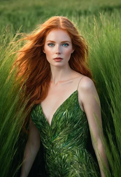 Sublime tall redhead woman aged 25 wearing a long evening dress made of grass and grasses,  elle marche vers moi, soirée de gala, gazon, herbes, long detailed sublime legs, cheveux longs sublimes, green eyes Very detailed, regard intense , visage heureux e...