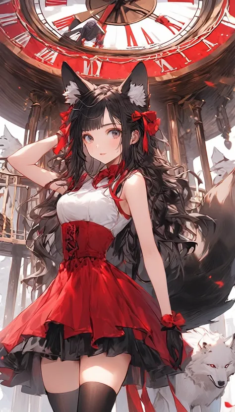 score_9, score_8_superior, score_7_superior, score_6_superior,a red and white artwork depicting woman in a red dress standing on top of a giant clock, 1girl, animal ears, solo, tail, black hair, thighhighs, multicolored hair, red hair, skindentation, looki...