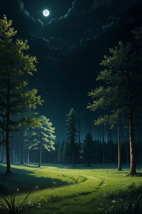 comforting moonlit meadow in a lush forest at night. dark, dark colors, peaceful atmosphere