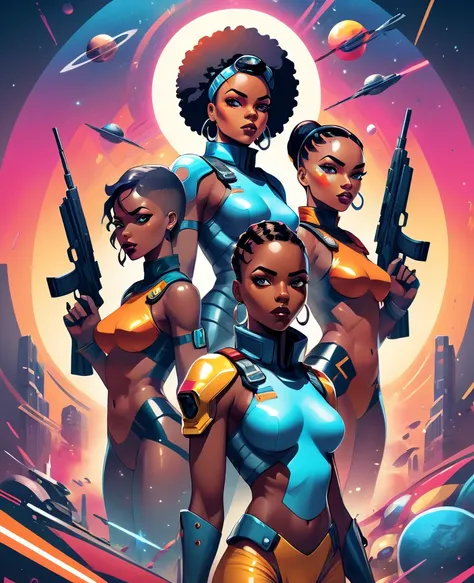 Low angle shot of Vector Art, Colorful illustration with  African soldier team of two african men and two african women holding  futuristic guns, looking at the viewer with serious facial expressions. Spaceships, horoscopes and solar system in the backgrou...