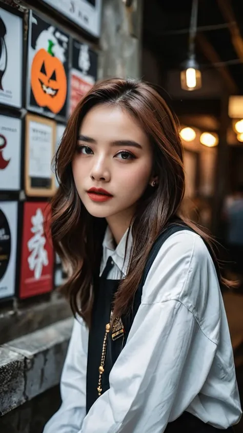 Portrait MagMix Girl look at camera, long hair, grunge gothic with Grave walls, a classic halloween fountain counter, and bold grunge posters, face lightning, film photo, unusual fashion choices, unusual hairstyles choices, pale skin, Korean girl, beautifu...