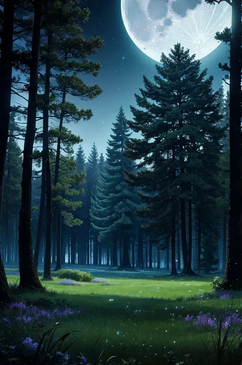 comforting moonlit meadow in a lush forest at night. dark, dark colors, peaceful atmosphere