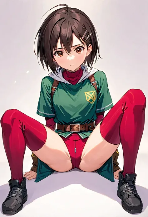 Anime, (Ellen 18-years-old, short dark layered hair, Brown-eyed, small breast:1.0), hair clips 
Rogue outfit, belt, spread legs, sitting, embarrassed, groin , 