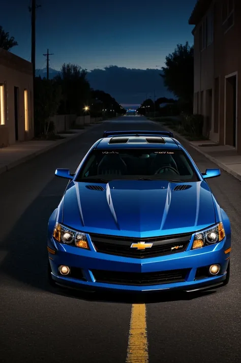 Make me a dope high quality iPhone wallpaper of a realistic blue 2006 Chevy Monte Carlo ss on a dark street 