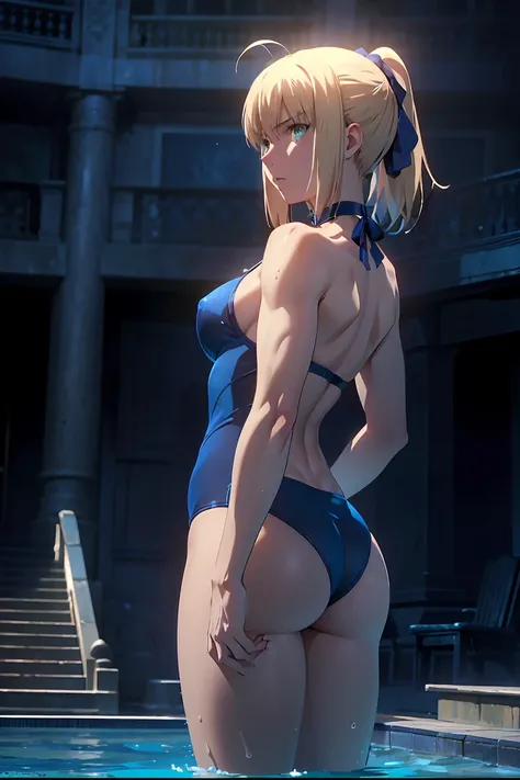 NSFW　(Highest quality:1.5, High resolution, 超High resolution, 4K, Detailed lighting, Shaders)(Beautiful details:1.6)(Artoria Pendragon), alone　　（Swimsuit）＋＋　　short hair,ponytail　 Parody, Blue choker,　Beautiful Abs　 Beautiful arm muscles　((Are standing))　　R...