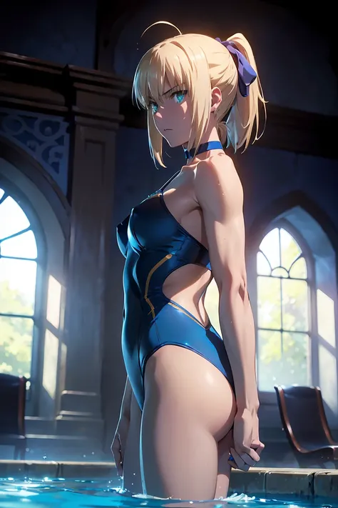 NSFW　(Highest quality:1.5, High resolution, 超High resolution, 4K, Detailed lighting, Shaders)(Beautiful details:1.6)(Artoria Pendragon), alone　　（Swimsuit）＋＋　　short hair,ponytail　 Parody, Blue choker,　Beautiful Abs　 Beautiful arm muscles　((Are standing))　　R...