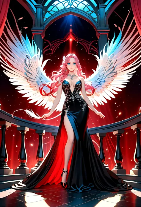 Arafed, a picture of a female angel in high society prom event, divine beautiful female angel, pink hair, long hair, flowing hair, the hair glows in a soft light, cerulean eyes, deep light eyes, divine beautiful face, (spread white feather wings: 1.1), she...