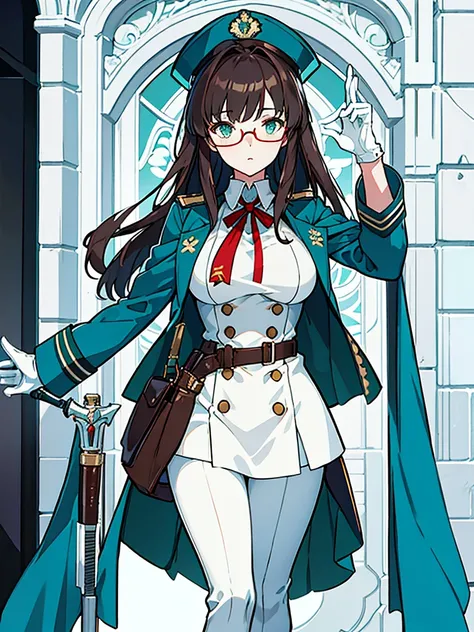 masterpiece, best quality, beautiful girl, brown hair whit white inner color, emerald green eyes, dark blue military uniform, mature_female, eye_glasses, white gloves, anime, dark blue military hat, very_long_hair, perfect body, red ribbon, commander, scie...