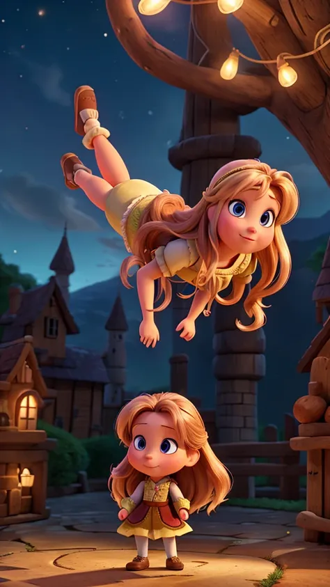 Create an image of rapunzel but chestnut with the lights of the sky