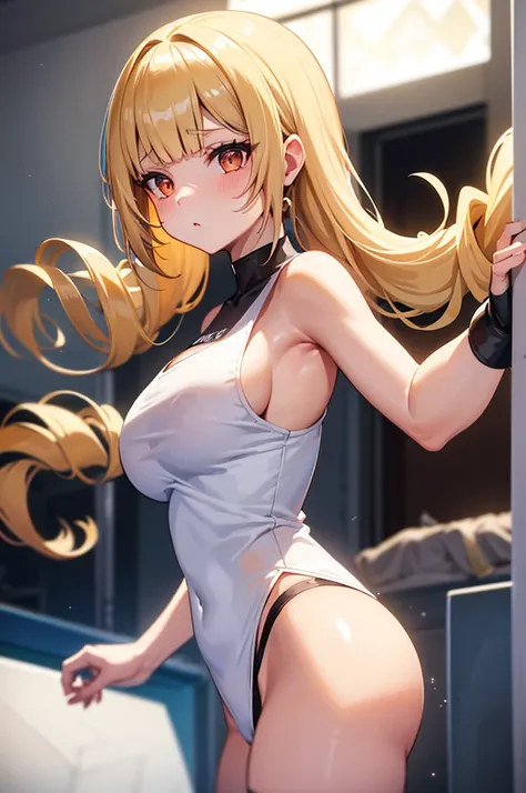 1girl, pretty face, blunt bangs, Long hair, drill hair, twin drills, blonde hair, shiny hair, glow eyes, jitome, brown eyes, tsurime, white skin, huge breasts, Short body, White tank top, black panties, indoor heated swimming pool