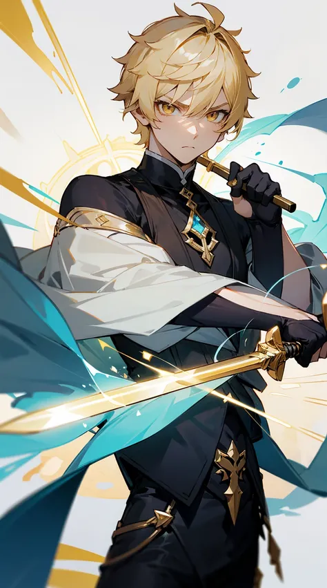 Aether from Genshin Impact. Blonde short hair. Golden Eyes. Holding a sword. 1boy. Muscular body. Black sweather. Sharp eyes. Serious expression.