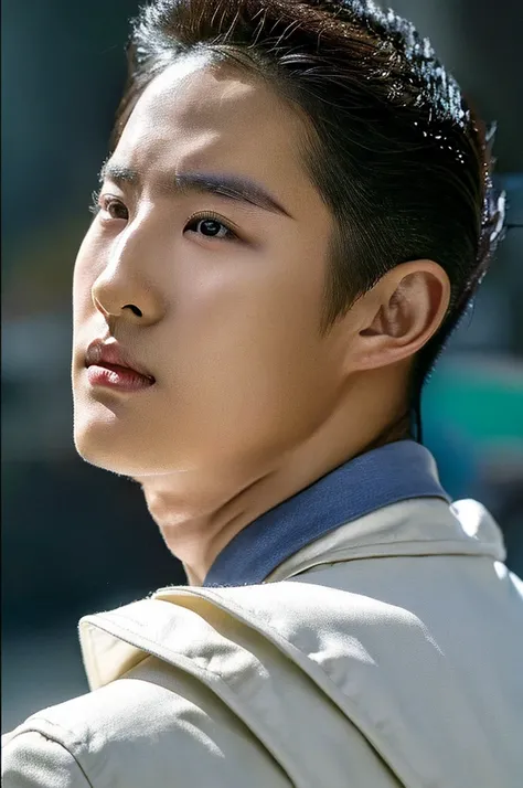 Korean boy, prominent feature of his face, enhancing his unique and captivating appearance, thick eyebrows, colored, pale skin with hair falling on his forehead, wearing a balaclava highlighting the color of his eyes and wearing a low-cut shirt, showing hi...