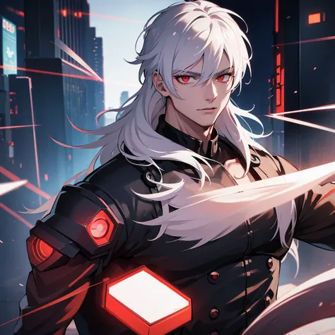 Male, white hair , red eyes, anime, cyberpunk theme, high quality, realistic lighting, strong, wearing black Jean and jacket, no shirt, abs,