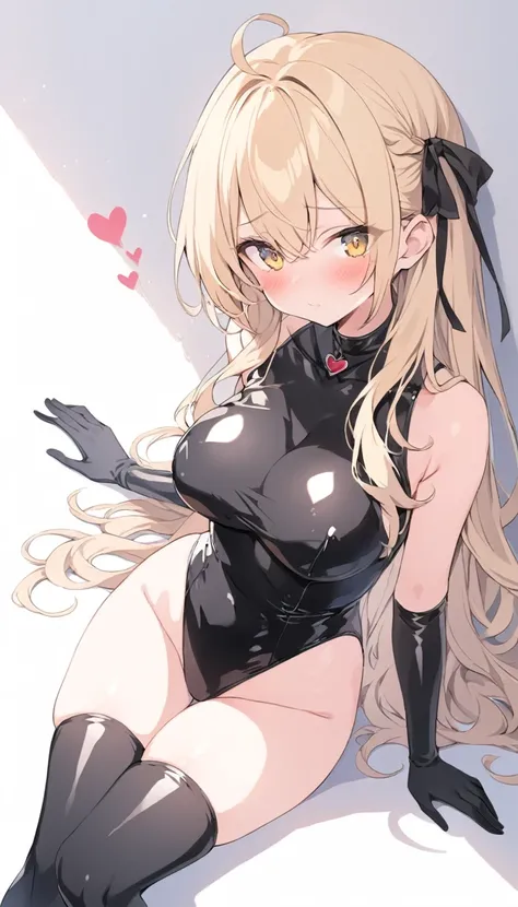 score_9, score_8_superior, score_7_superior, score_6_superior,anime girl in a black latex catsuit leaning against wall with heart shape hearts, 1girl, solo, long hair, blonde hair, gloves, leotard, thighhighs, black gloves, blush, heart, yellow eyes, latex...