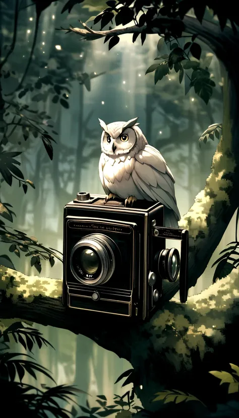 In the forest under the moonlight，A majestic owl perched gracefully on a mossy branch, Silver moonlight shines through the treetops，Forming a misty beam of light, Conveys a sense of tranquility and mystery. Full of mood and atmosphere，With a hint of fantas...