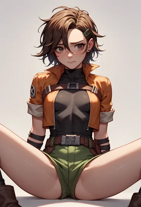 Anime, (Ellen 18-years-old, short dark layered hair, Brown-eyed, small breast:1.0), hair clips 
Rogue outfit, belt, spread legs, sitting, embarrassed, groin , 