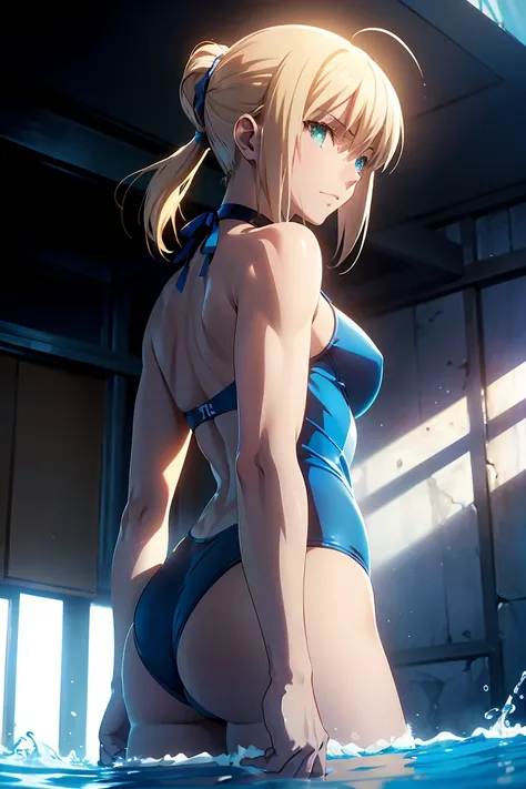 　(Highest quality:1.5, High resolution, 超High resolution, 4K, Detailed lighting, Shaders)(Beautiful details:1.6)(Artoria Pendragon), alone　　（Swimsuit）＋＋　　short hair,ponytail　 Parody, Blue choker,　Beautiful Abs　 Beautiful arm muscles　((Are standing))　　Reali...