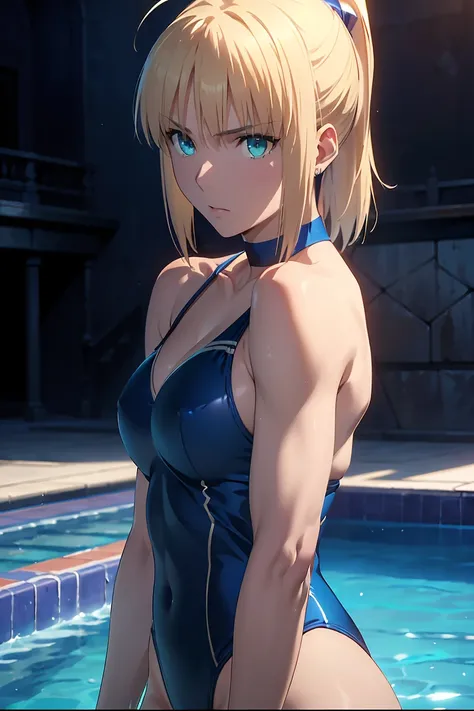 　(Highest quality:1.5, High resolution, 超High resolution, 4K, Detailed lighting, Shaders)(Beautiful details:1.6)(Artoria Pendragon), alone　　（Swimsuit）＋＋　　short hair,ponytail　 Parody, Blue choker,　Beautiful Abs　 Beautiful arm muscles　((Are standing))　　Reali...