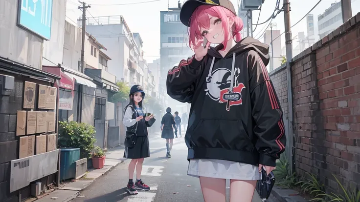 alley scene with a hip hop girl in the background making a face with her teeth and tongue sticking out at a camera