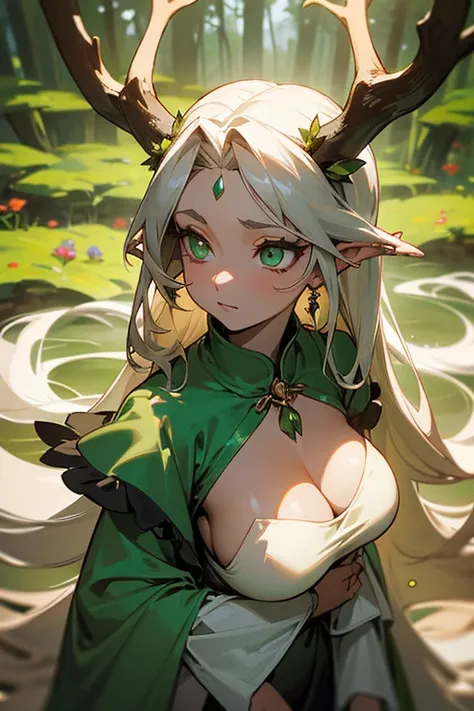 Beautiful and very busty Anime dryad woman. Long silky silver hair decorated with colorful wild flowers and berries. Set in a verdant dense forest at dusk. She is wearing flowing deep low cut robe, that reveals her ample clevage and leaves exposed her slim...