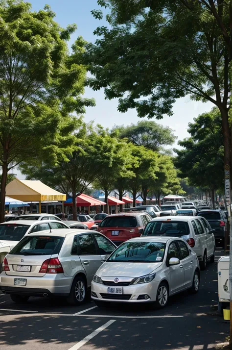 Shooping market with car parking and lots of trees in the parking lot 