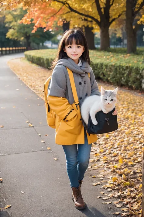 Create an image of an adorable, fluffy gray and white kitten with blue eyes standing on a path in a park during autumn. The kitten is wearing a cute, bright yellow coat with black buttons and a small backpack, making it look like it’s ready for school. The...