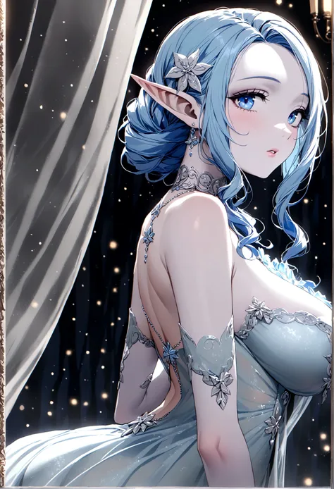 A ice elf (lovely woman, pale blue skin, deep blue hair and eyes, sheer reflective evening dress) acting alluring in a winter wonder land