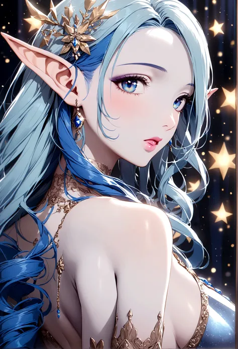 A ice elf (lovely woman, pale blue skin, deep blue hair and eyes, sheer reflective evening dress) acting alluring in a winter wonder land