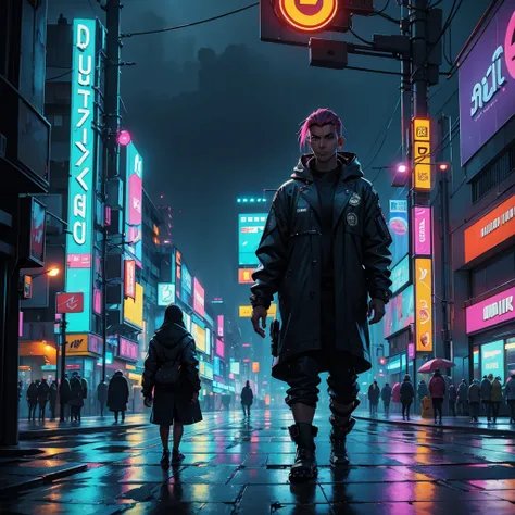 Views of a big cyberpunk city at a rainy night, with lots of neon ads and lots of prople walking around with