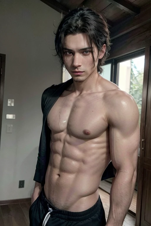 Hombre sin camisa, alto y en forma, con el cabello corto color negro, delineado negro en la parte inferior de los ojos y ojos verdes, mientras modela sexy en diferentes posiciones y diferentes lugares.