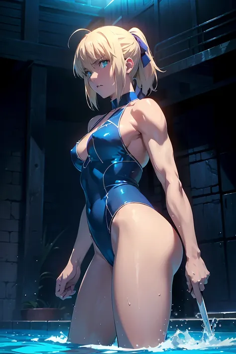 NSFW　(Highest quality:1.5, High resolution, 超High resolution, 4K, Detailed lighting, Shaders)(Beautiful details:1.6)(Artoria Pendragon), alone　　（Swimsuit）＋＋　　short hair,ponytail　 Parody, Blue choker,　Beautiful Abs　 Beautiful arm muscles　((Are standing))　　R...