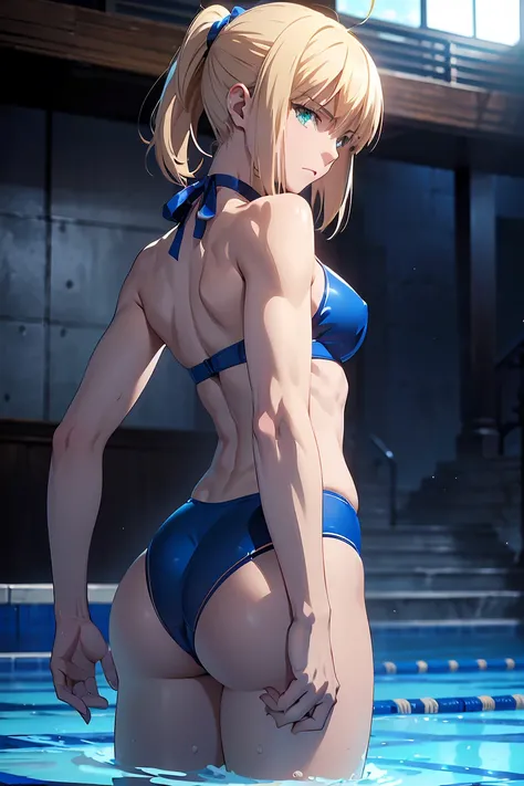 NSFW　(Highest quality:1.5, High resolution, 超High resolution, 4K, Detailed lighting, Shaders)(Beautiful details:1.6)(Artoria Pendragon), alone　　（Swimsuit）＋＋　　short hair,ponytail　 Parody, Blue choker,　Beautiful Abs　 Beautiful arm muscles　((Are standing))　　R...