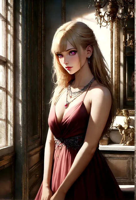 Wearing a long dress by Chanel, hoshinoruby, star-shaped pupils, ruby_hoshino, blonde hair, bangs, 1girl, pink eyes, long hair, luxurious Accessories, glittering necklace, Floor with luxurious chandeliers, (realistic, masterpiece, high quality, 8K, high re...