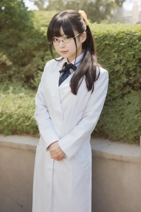 ultra-detailed,highly detailed,best quality,masterpiece,illustration,realistic,
shiguma rika, 1girl, solo, cosplay,
st. chronica academy ,
sel-frame glasses,hair bow, labcoat,
looking at viewer, upper body,
outdoors, nature, perfect anatomy
