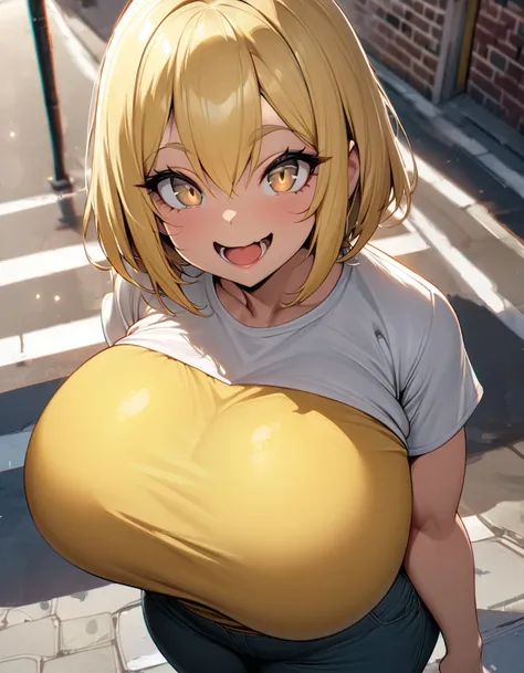 Yellow hair color,short hair,shirt,pants,light brown eyes,chubbily ,huge breasts,whipped thighs,cat mouth,smile,Open mouth,open eye,double tooth,Taken from the viewpoint above, looking at viewer,upturned eyes,street Background,SFW,perfect,high quality,faul...